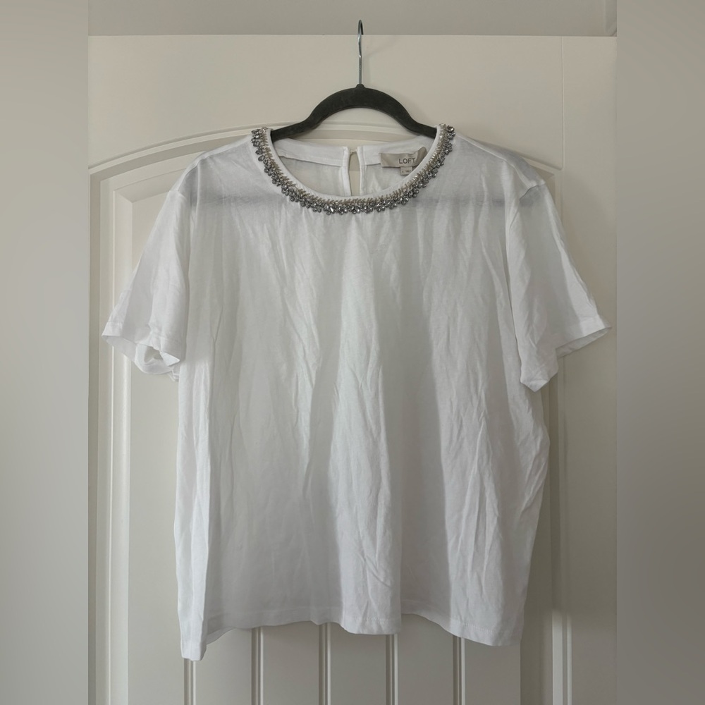 LOFT White Tee with Jeweled Silver Neckline